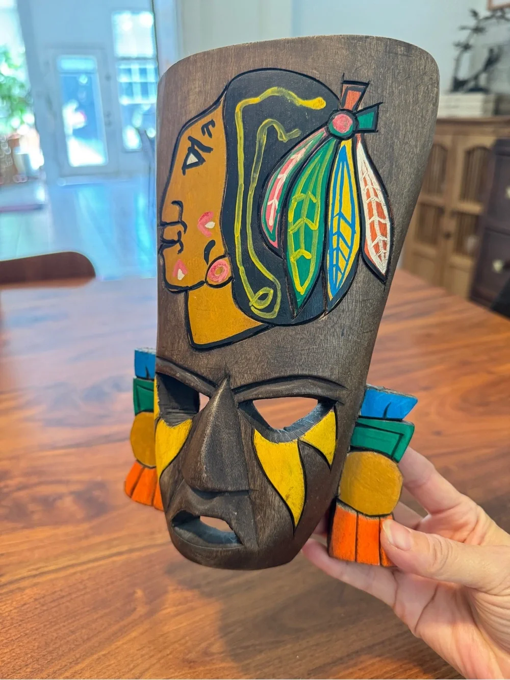 hand-carved and painted Mexican folk art wall mask Wall Decor 9”